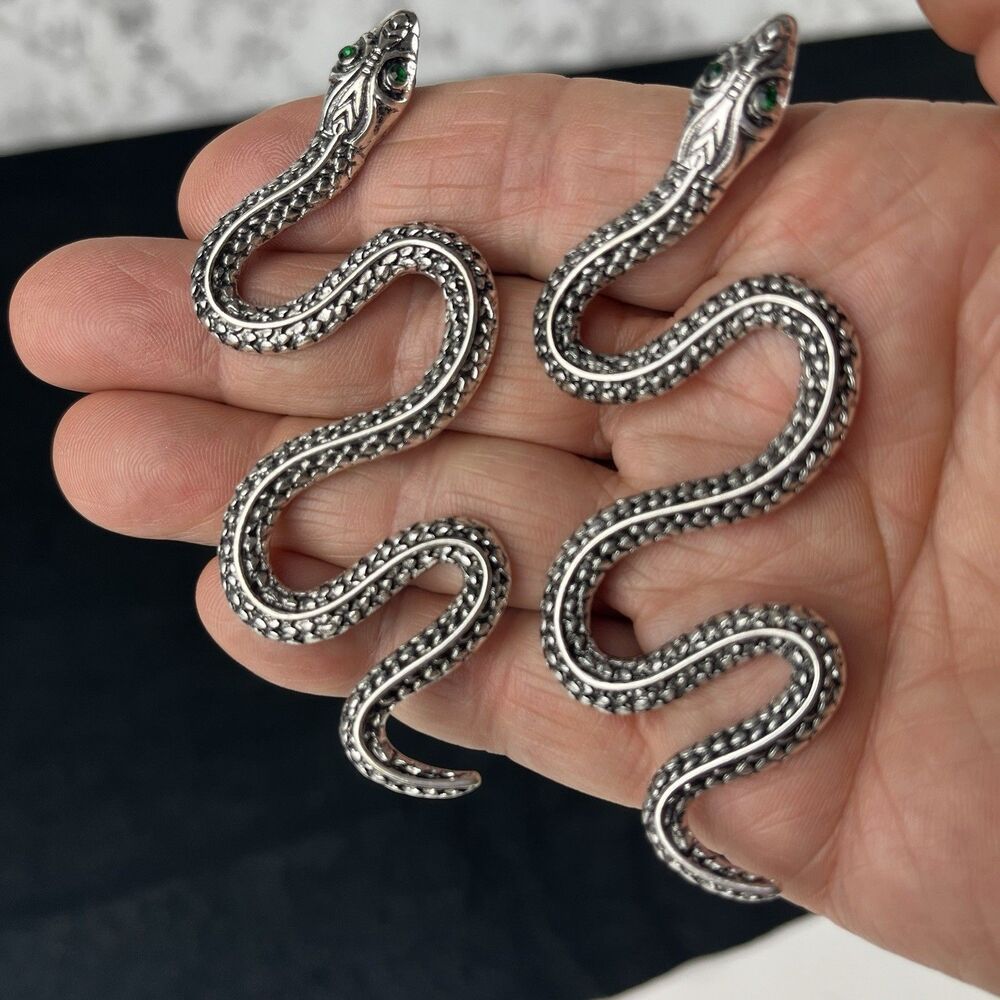 Serpent Snake Drop Earrings Long Textured silver tone Whimsigoth Halloween